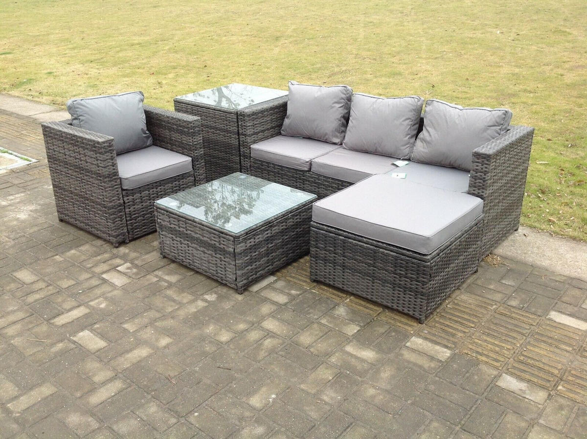 GARTENMÖBELSET mit Couchtisch Polyrattan 5-Sitzer - Dunkelgrau/Grau, Glas/Kunststoff - Fimous