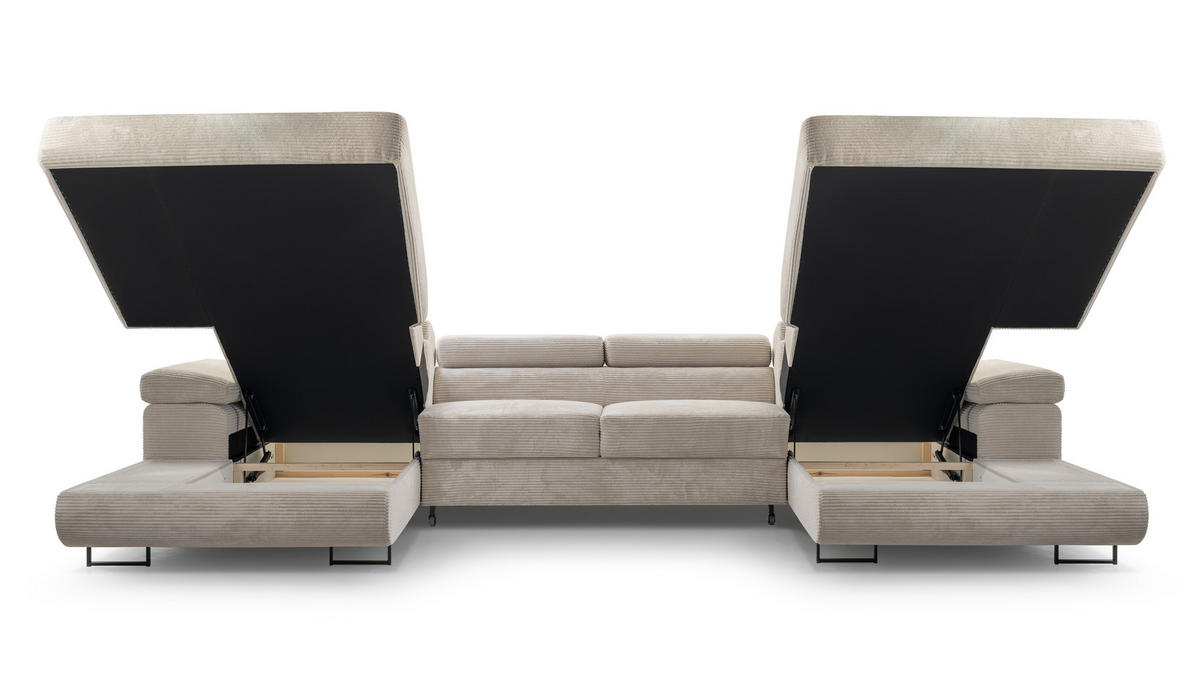 WOHNLANDSCHAFT GIULIO Beige Velours-Stoff mit Schlaffunktion - Beige, Holz (352/90/202cm) - MASSENO