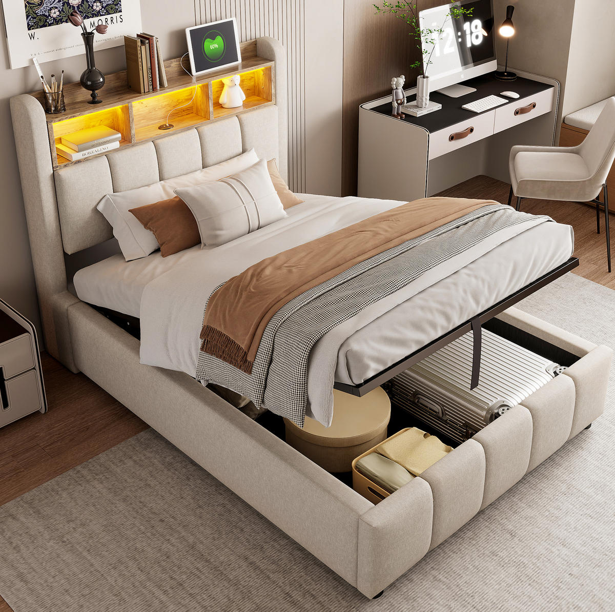 POLSTERBETT 90/200 cm mit LED-Beleuchtung, Bettkasten und gepolstertem Kopfteil - Beige, Textil (90/200cm) - BEAOK