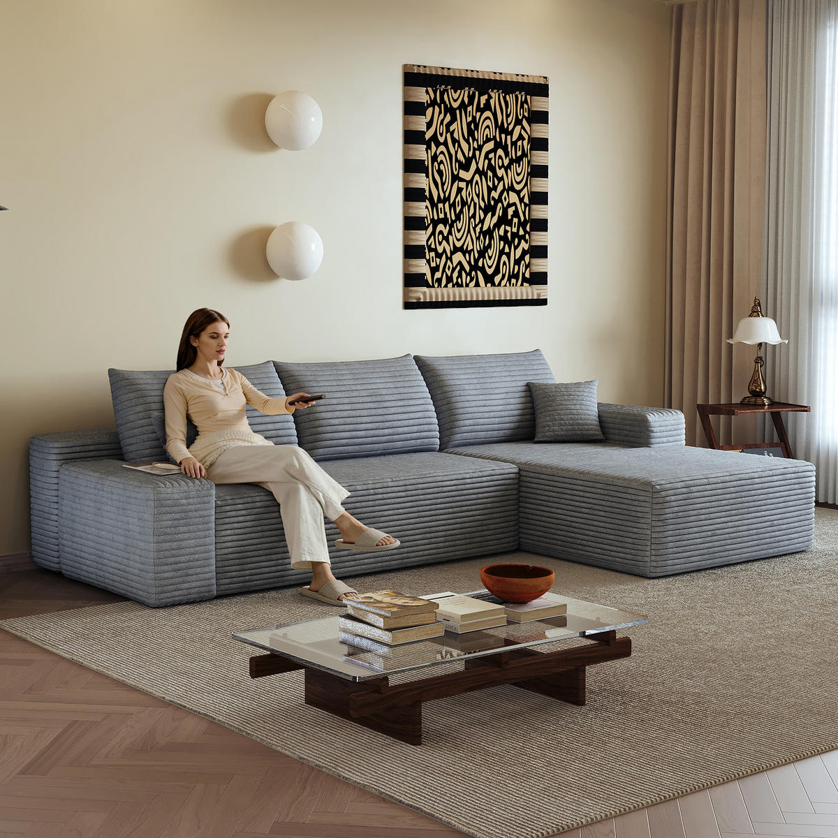 ECKSOFA 270/175/83 cm Grau Cord mit Chaiselongue, Rechte Seite - Grau, Textil (270/175cm) - Oxeza