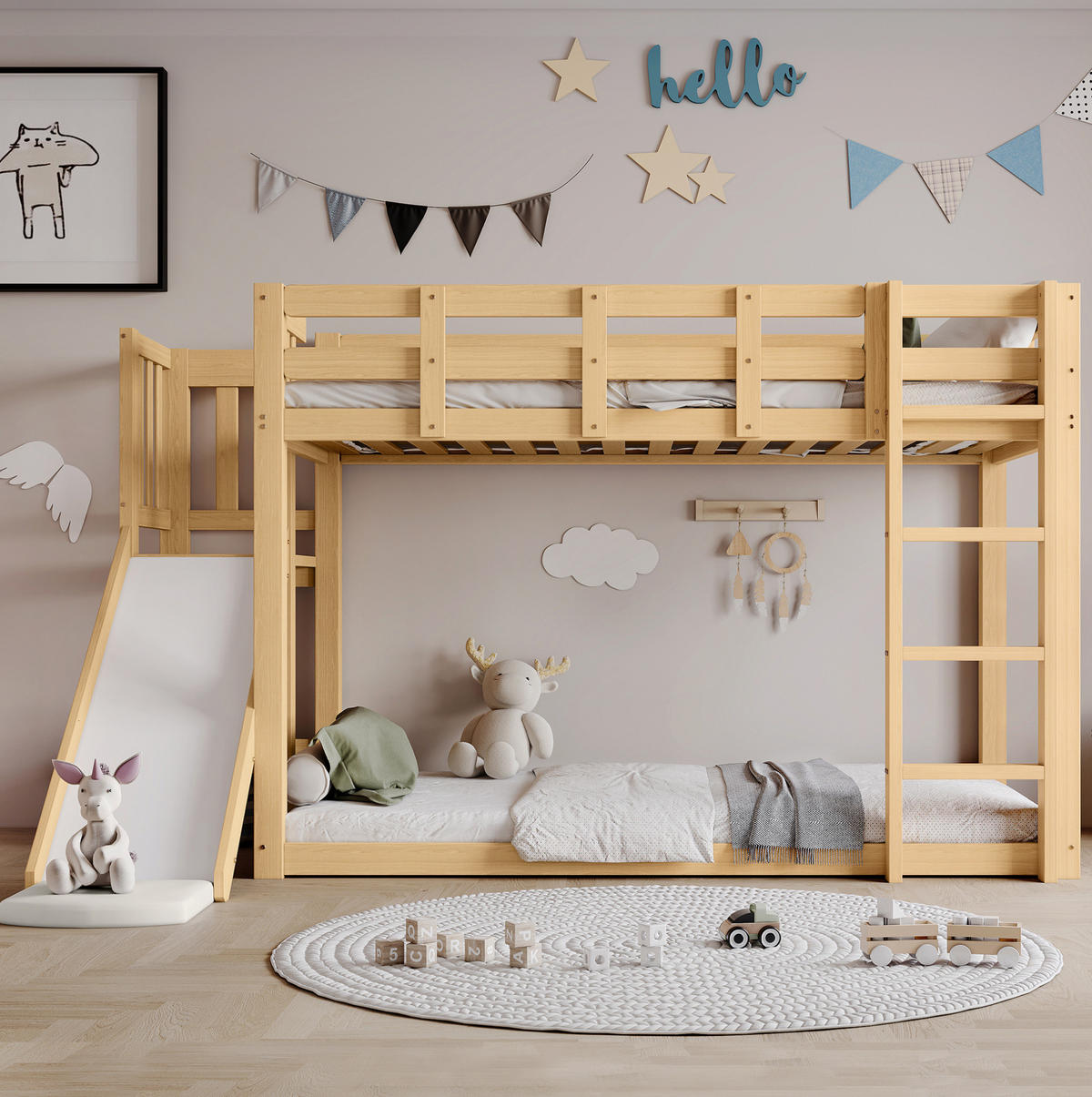 POSCHODOVÁ posteľ 90/200 cm prírodná z borovice a MDF so schodmi, šmykľavkou a závesom - prírodná farba, kompozitné drevo (90/200cm) - OKWISH