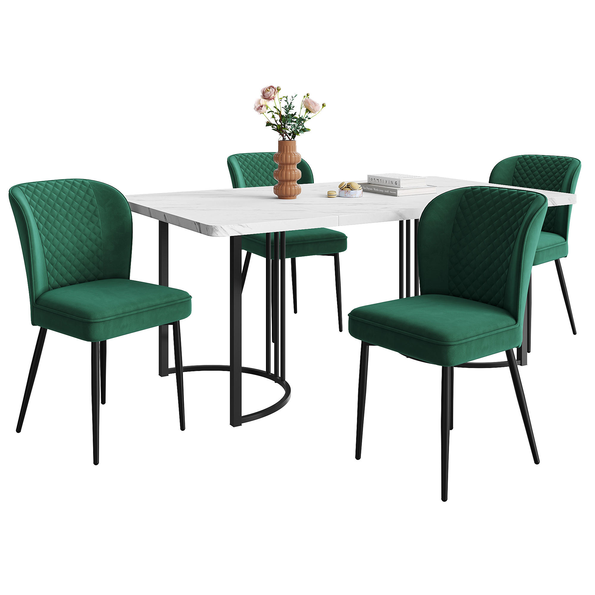 ESSGRUPPE Esstisch 4 Stühle Weiß Grün 140x80cm - Dunkelgrün, Textil (140/75/80cm) - FLIEKS