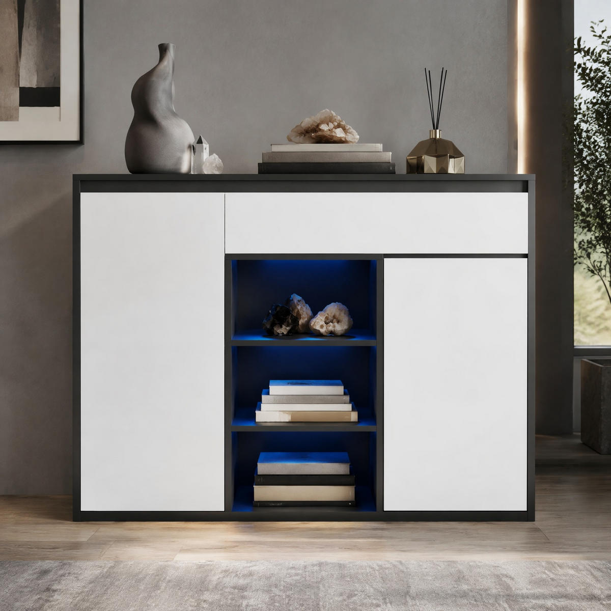 SCHUHSCHRANK in Weiß und Schwarz mit LED-Beleuchtung für 12–17 Paar Schuhe, B105/T39.5/H86 cm - Schwarz/Weiß, Holzwerkstoff/Metall (105/86/39.5cm) - STILVORA