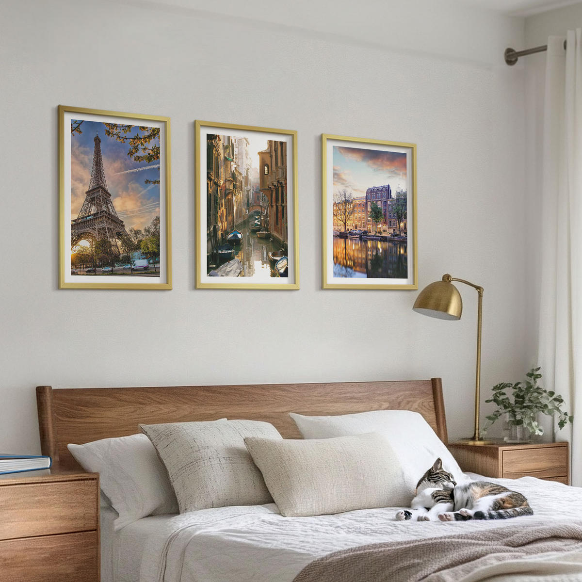WANDBILDER 3er Set - 40x60 cm Goldrahmen - Eiffelturm Venedig Amsterdamer Kanäle - Goldfarben, Kunststoff (40/60cm) - ArtPrintCave