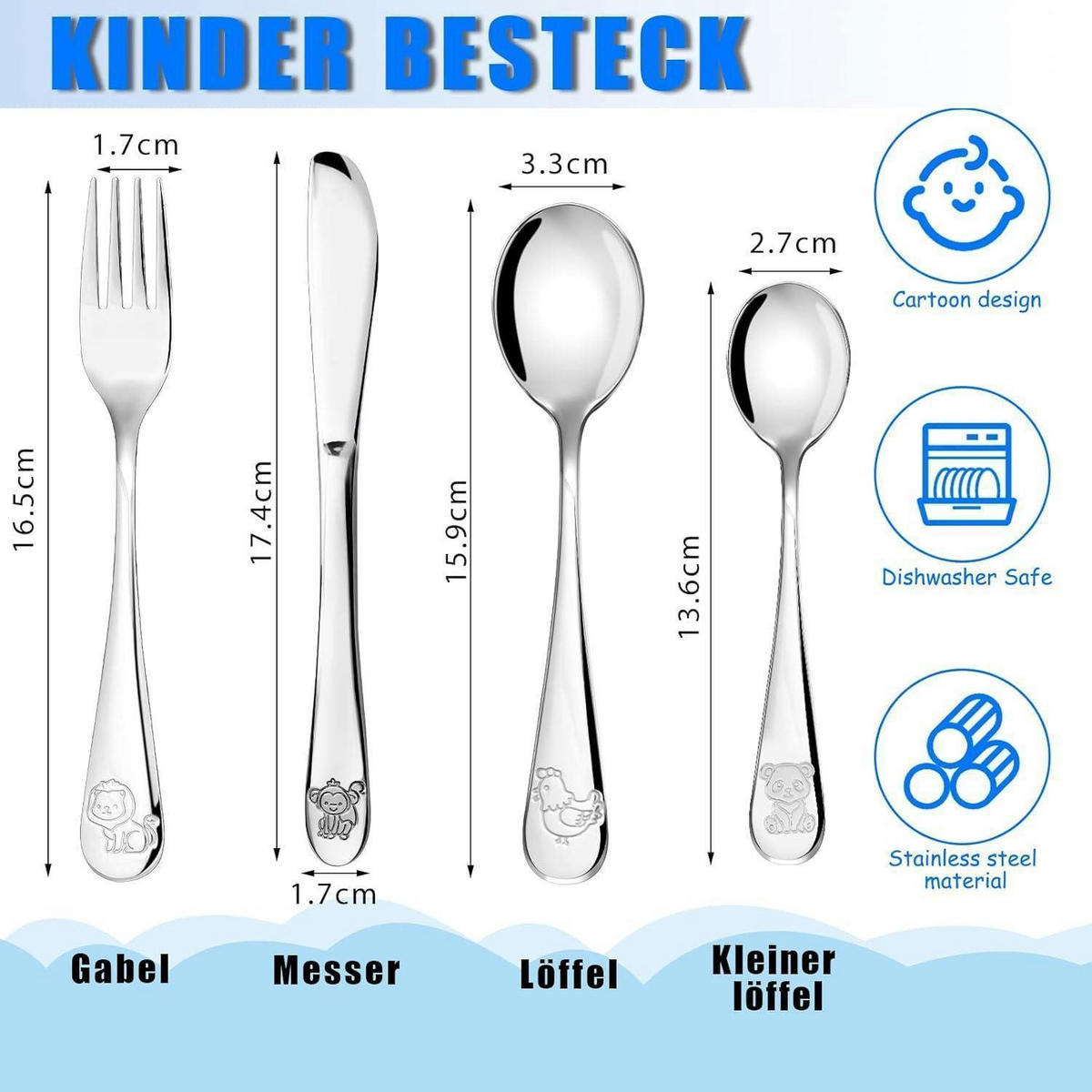 KINDERBESTECK Set 4-teilig Edelstahl Tiere ab 3 Jahre Spülmaschinengeeignet - Silberfarben, Metall