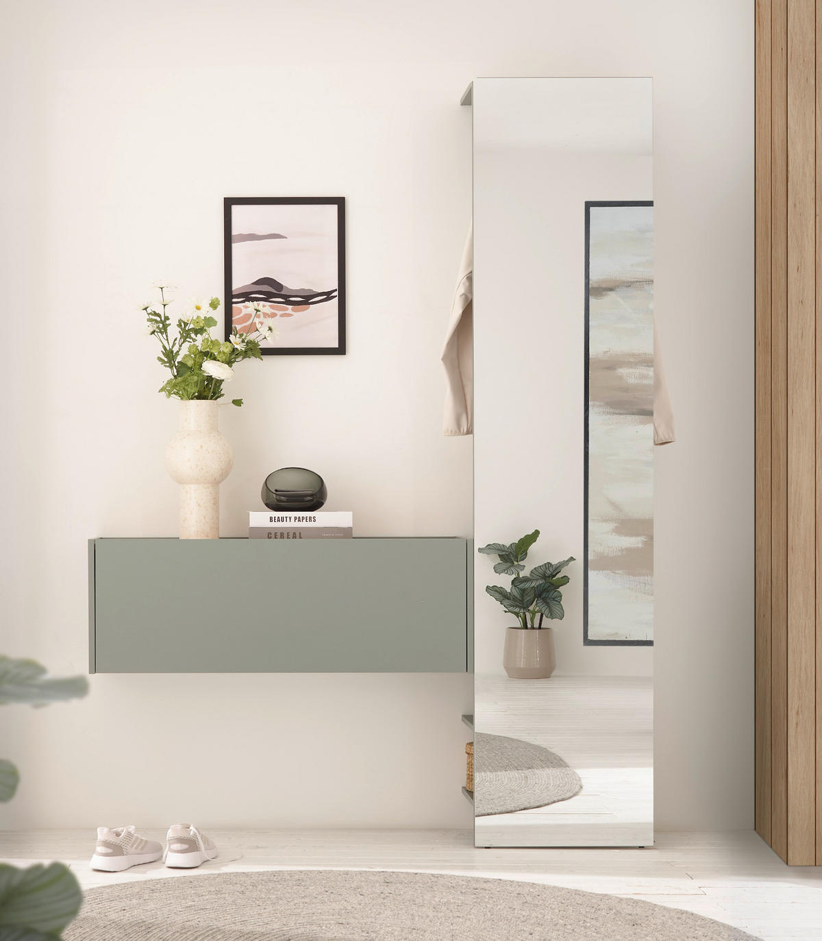 HÄNGESCHUHSCHRANK in Salbei Grün mit Eiche, Flurkommode Hängeschrank, 100 cm - Salbeigrün/Eichefarben, Holz/Holzwerkstoff (100/35/30cm) - Furn.Design