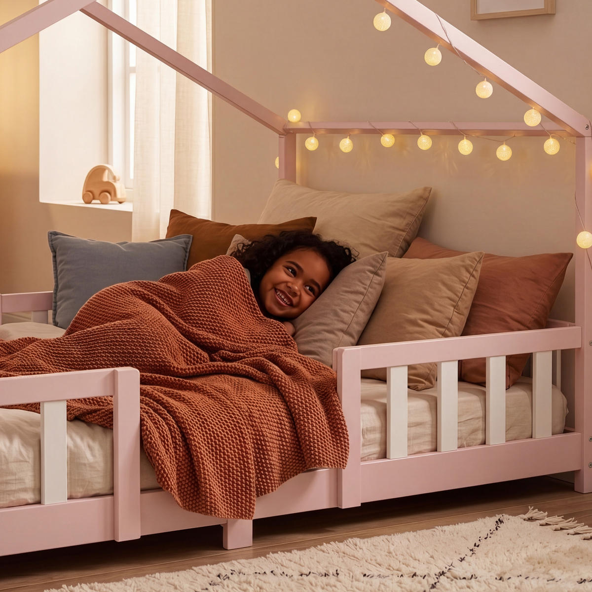 HAUSBETT Treviolo mit Matratze - Pink/Weiß, Holz/Textil (120/200cm) - [en.casa]