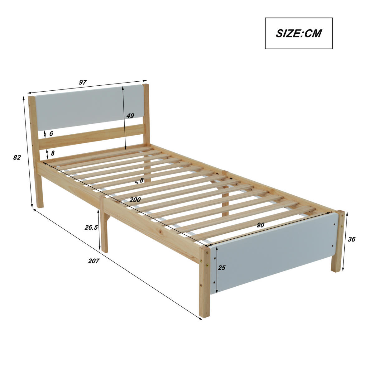 EINZELBETT aus Kiefer und MDF 90x200 cm Weiß/Natur mit Lattenrost und Mittelfüßen - Naturfarben, Holz (140/200cm) - IVMEU