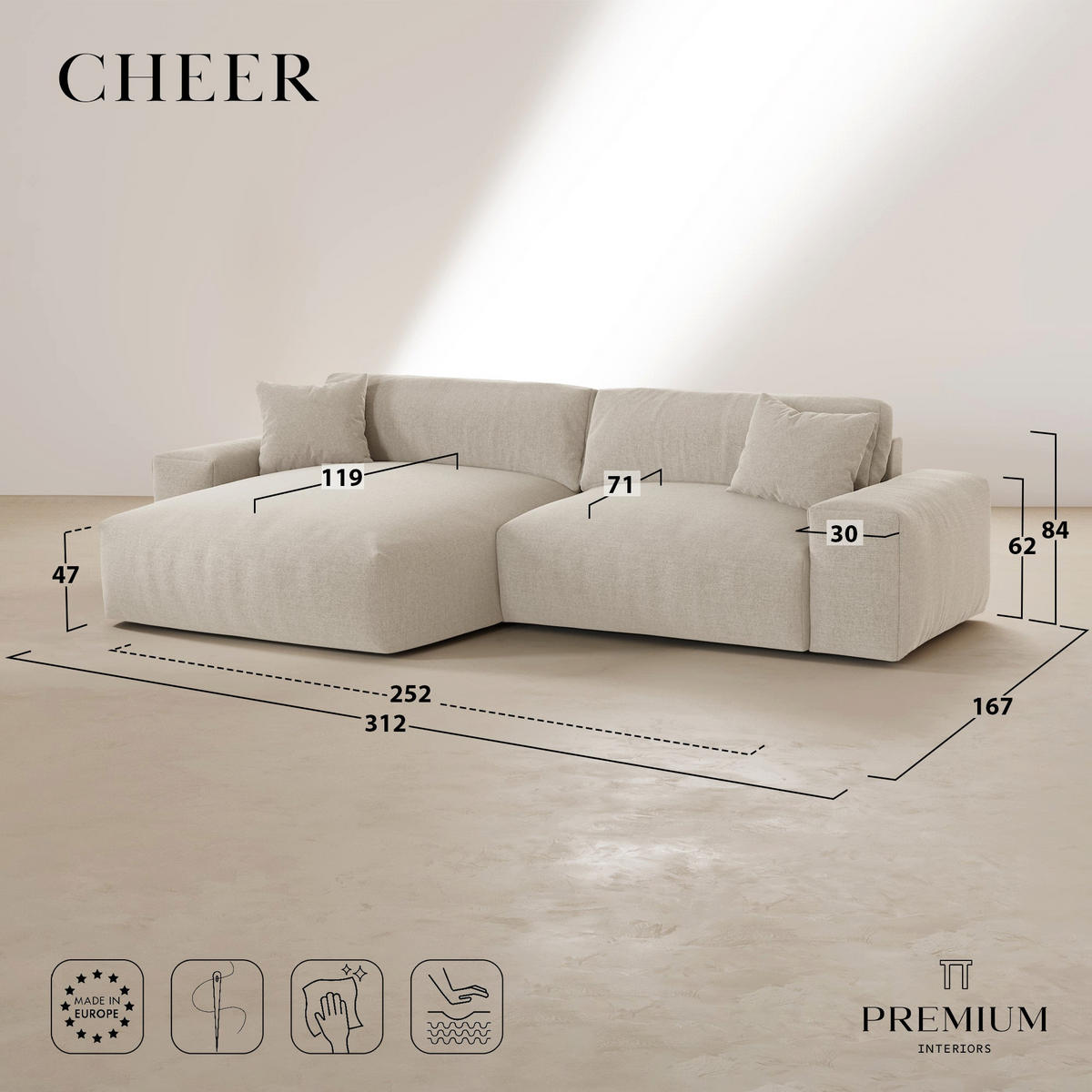 ECKSOFA (links) CHEER Geprägter Samt Vintage-Grün 312cm - Dunkelgrün/Grün, Textil (312/167cm) - Premium Interiors