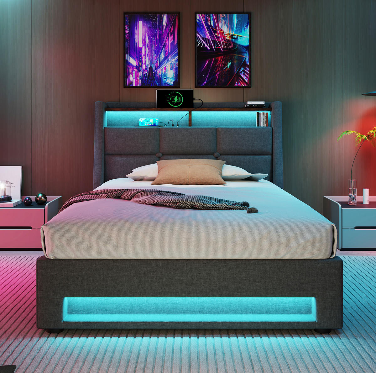 POLSTERBETT 90/200 cm Grau mit Stauraum, USB-Anschluss und LED-Beleuchtung - Grau, Textil (90/200cm) - Flora Grace