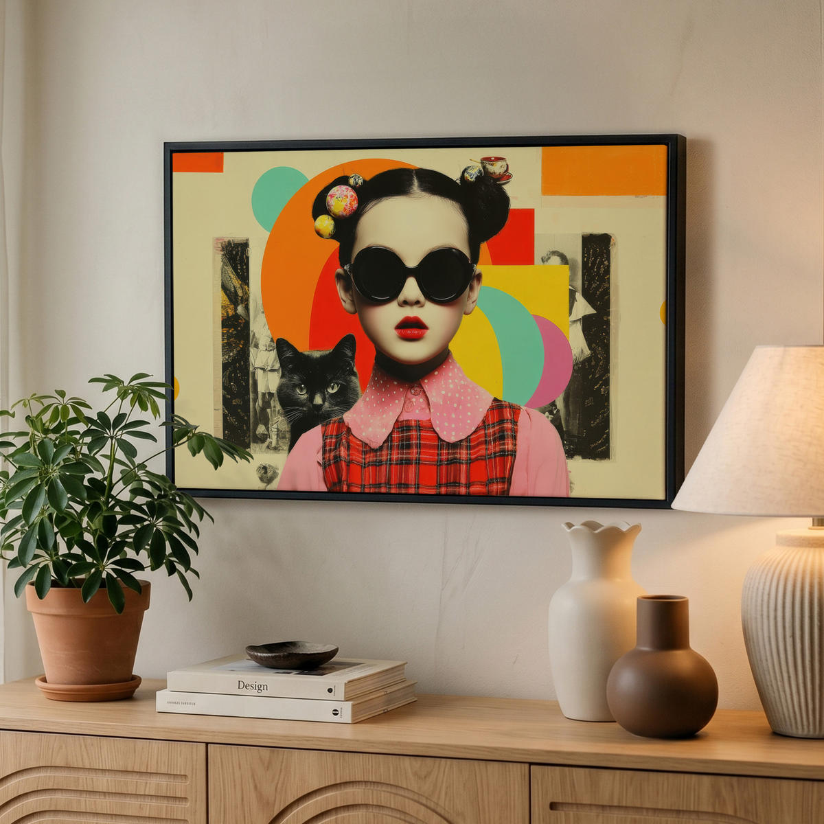 LEINWAND Bilder mit Rahmen - Mädchen - Sonnenbrille - Katze - Retro - 60x40 - Beige, Textil (60/40cm) - MuchoWow