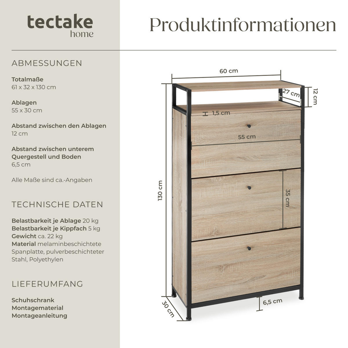 SCHUHSCHRANK Braddock,inklusive Kippschutz, 61 x 32 x 130 cm,Industrial Holz hell, Eiche Sonoma - Naturfarben, Holzwerkstoff (32/130/61cm) - tectake