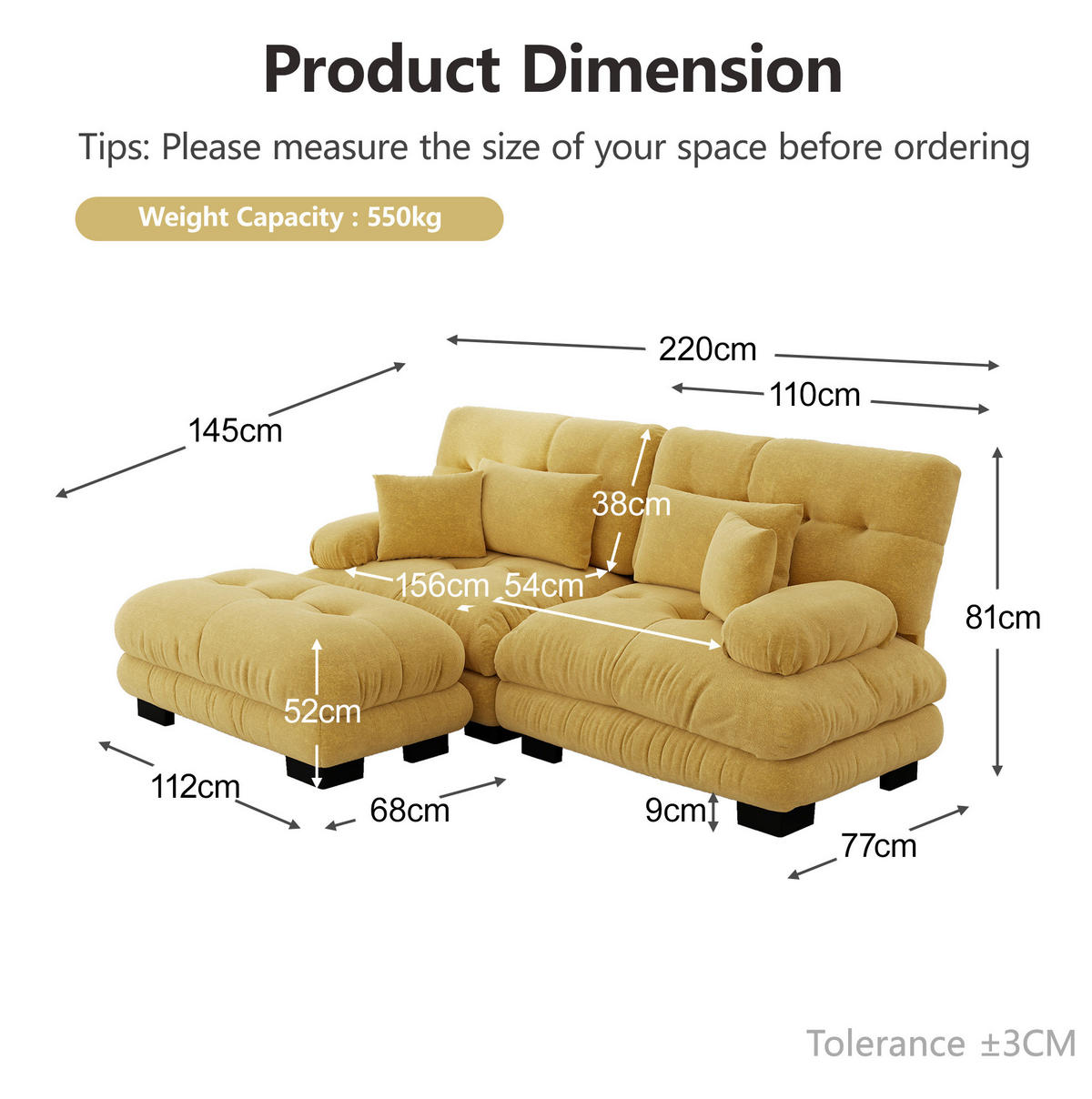 SOFA modular Chenille Yellow mit Ottomane - Gelb, Holzwerkstoff (145/220cm) - Meubliv