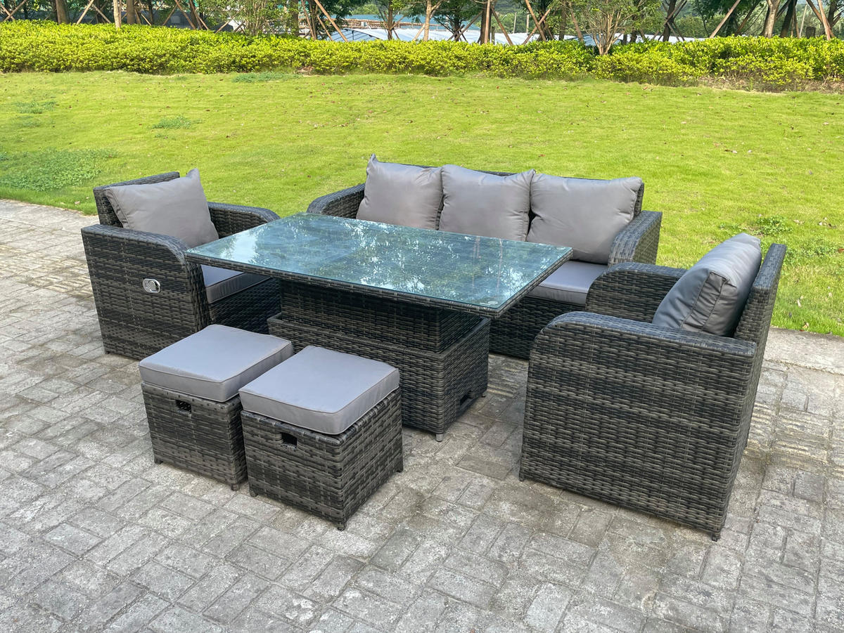 GARTENMÖBELSET mit Couchtisch Polyrattan 7-Sitzer - Dunkelgrau/Grau, Glas/Kunststoff - Fimous