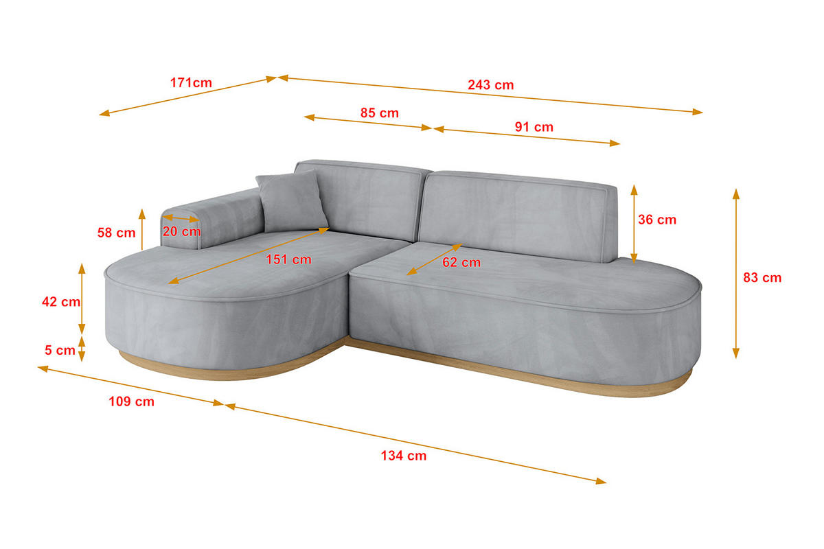 ECKSOFA Ottomane Links MARI-L1-v2 - 243x171x83 cm Grau Velours - Grau, Holzwerkstoff/Textil (243/171cm) - ALTDECOR
