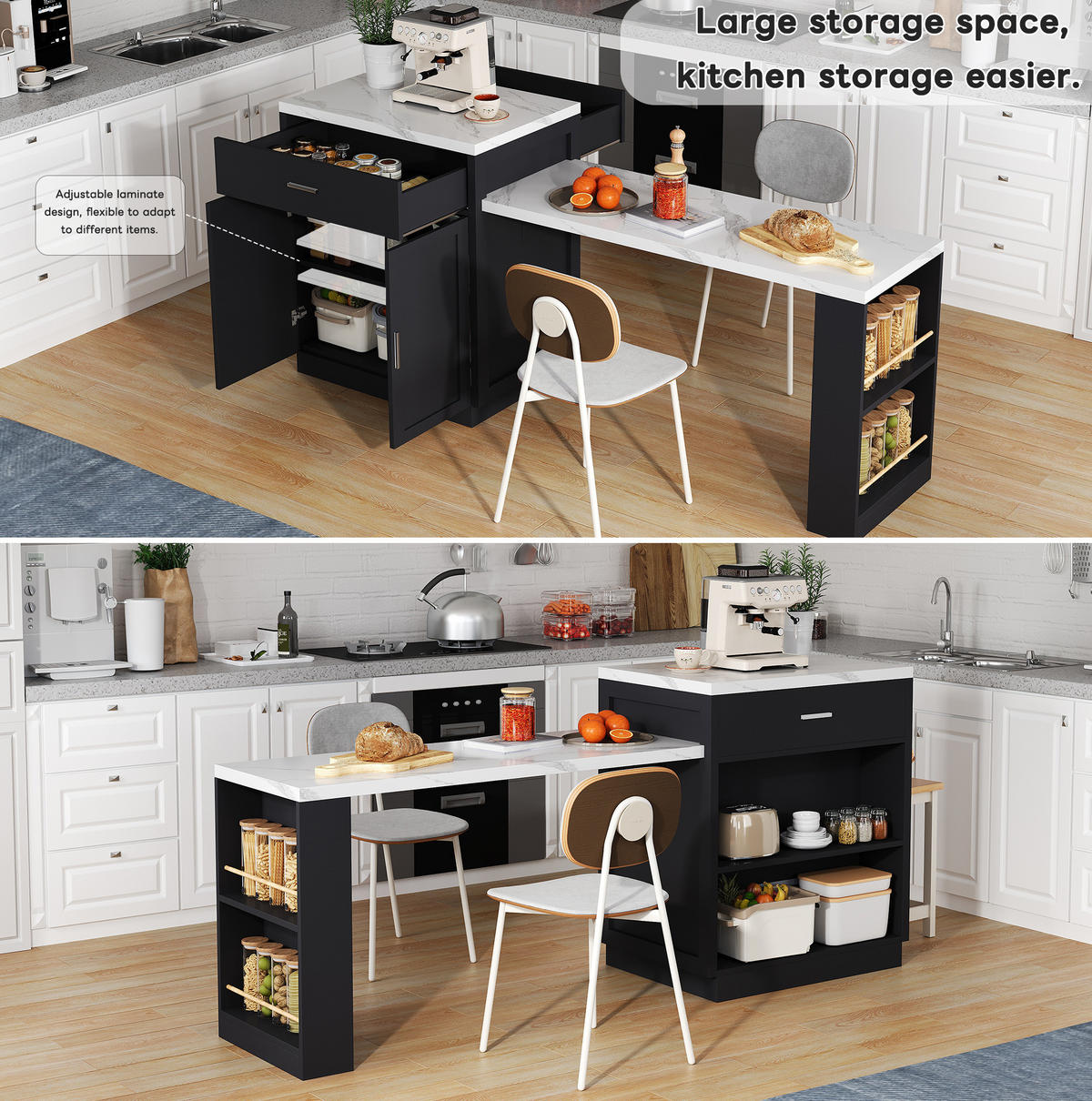 KÜCHENINSEL 211/89,5/55 cm Schwarz aus MDF mit ausziehbarem Esstisch - Schwarz, Holzwerkstoff (55/89.5/211cm) - OKMYHOME