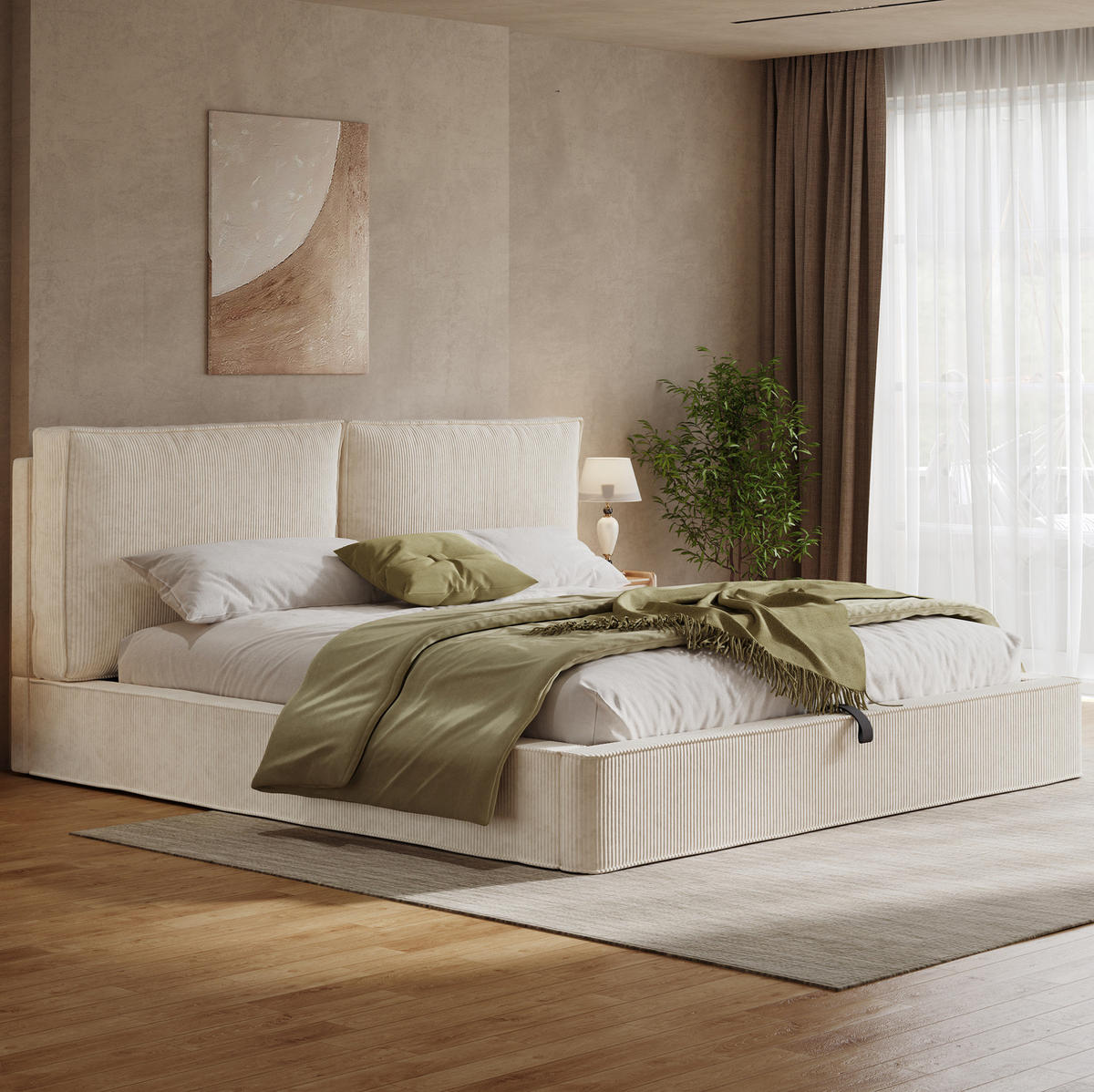 POLSTERBETT 180/200 cm mit hydraulischem Bettkasten, Lattenrost und gepolstertem Kopfteil, Beige - Beige, Textil (180/200cm) - Redom
