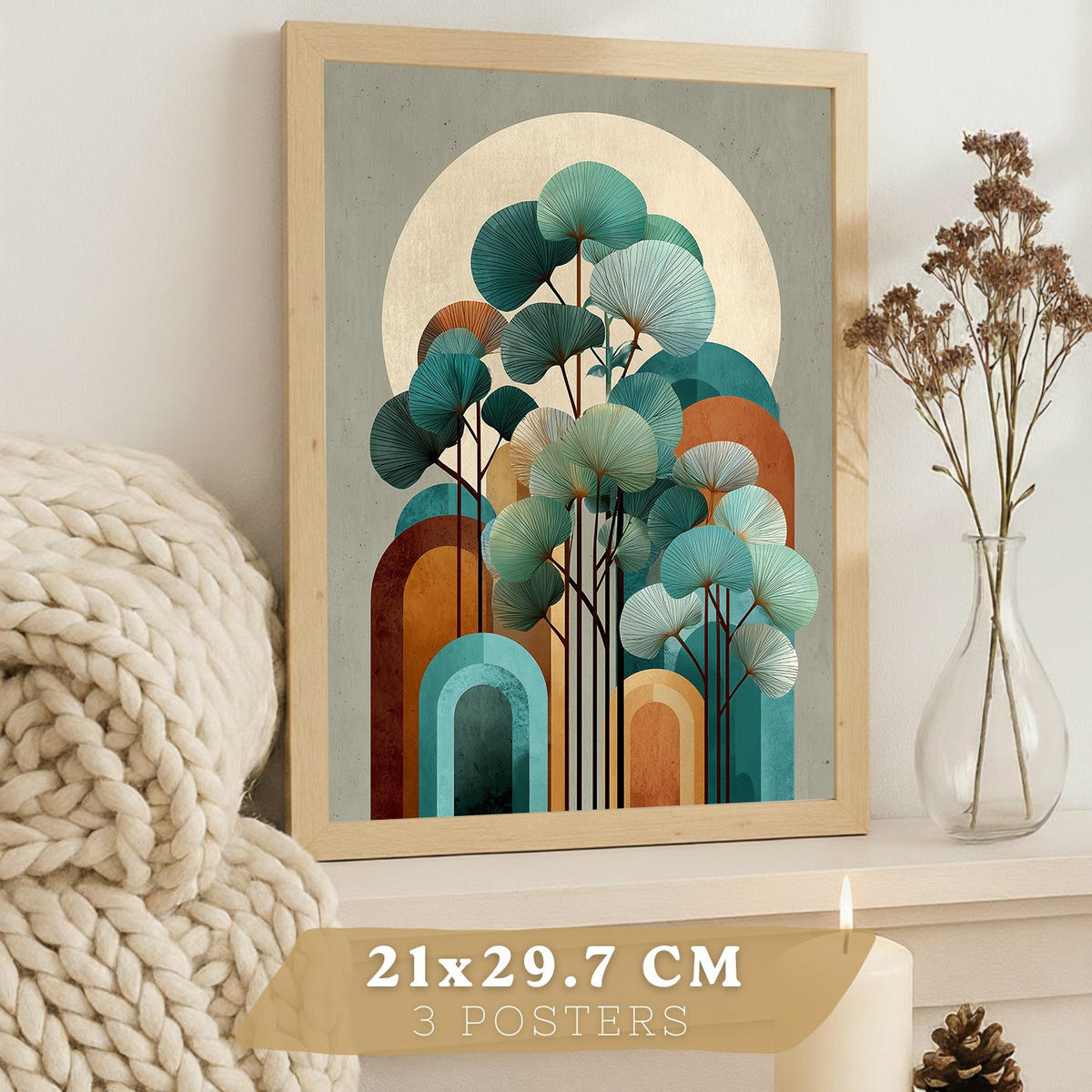 PLAKAT Sada 3 Abstrakt Tyrkys A4 bez rámu - čirá, papír (29.7/1/21cm) - Nacnic