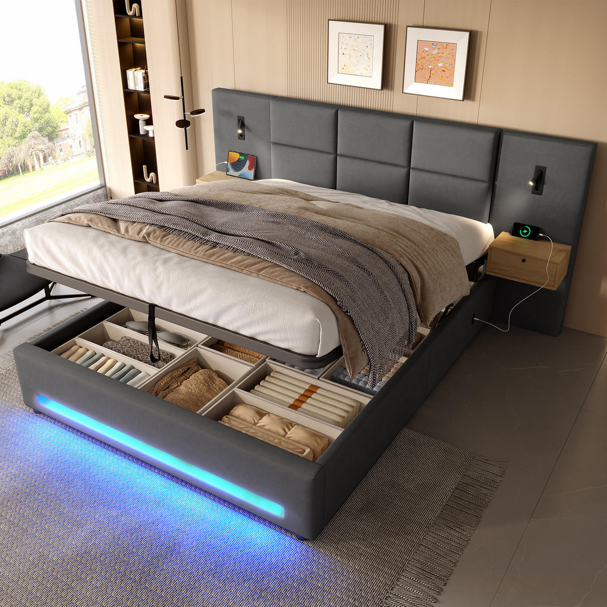 POLSTERBETT 180/200 cm Dunkelgrau mit 2 Stauschubladen, LED-Nachtlicht und USB-C-Anschlüssen - Dunkelgrau, Textil (180/200cm) - Oxeza