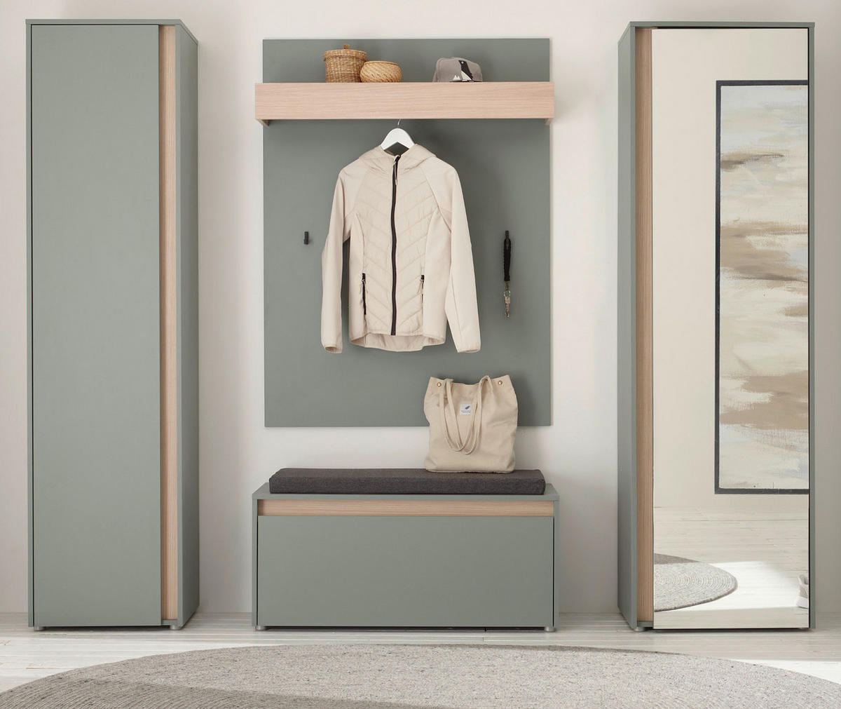 GARDEROBE Komplett-Set 5-teilig in Salbei Grün mit Eiche, Flurgarderobe 230 x 200 cm, inkl. Sitzkissen - Salbeigrün/Eichefarben, Glas/Holz (230/200/40cm) - Furn.Design