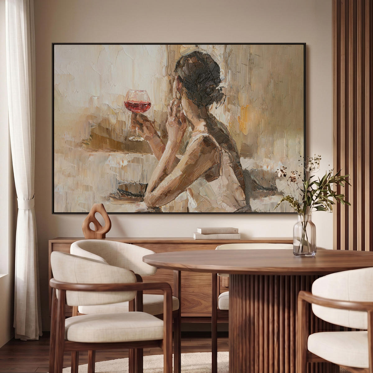 LEINWAND Bilder mit Rahmen - Ölgemälde - Frau - Wein - 150x100 - Hellbraun, Textil (150/100cm) - MuchoWow