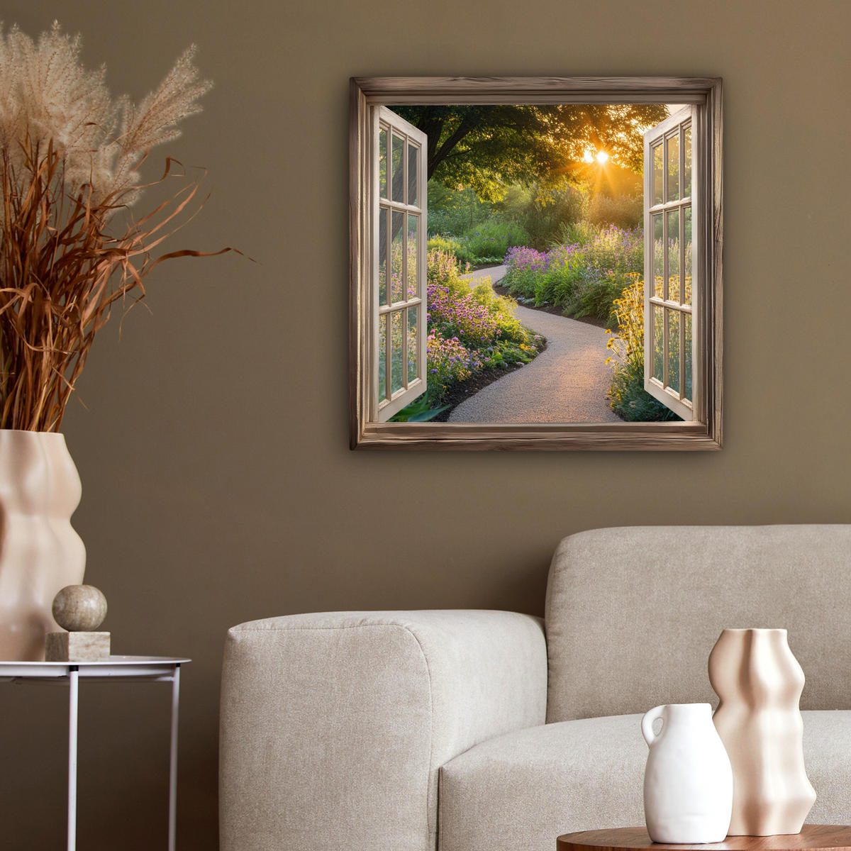 LEINWANDBILD Aussicht - Blumen - Natur - Sonne - Weg 50x50 cm - Hellgelb, Textil (50/50cm) - MuchoWow