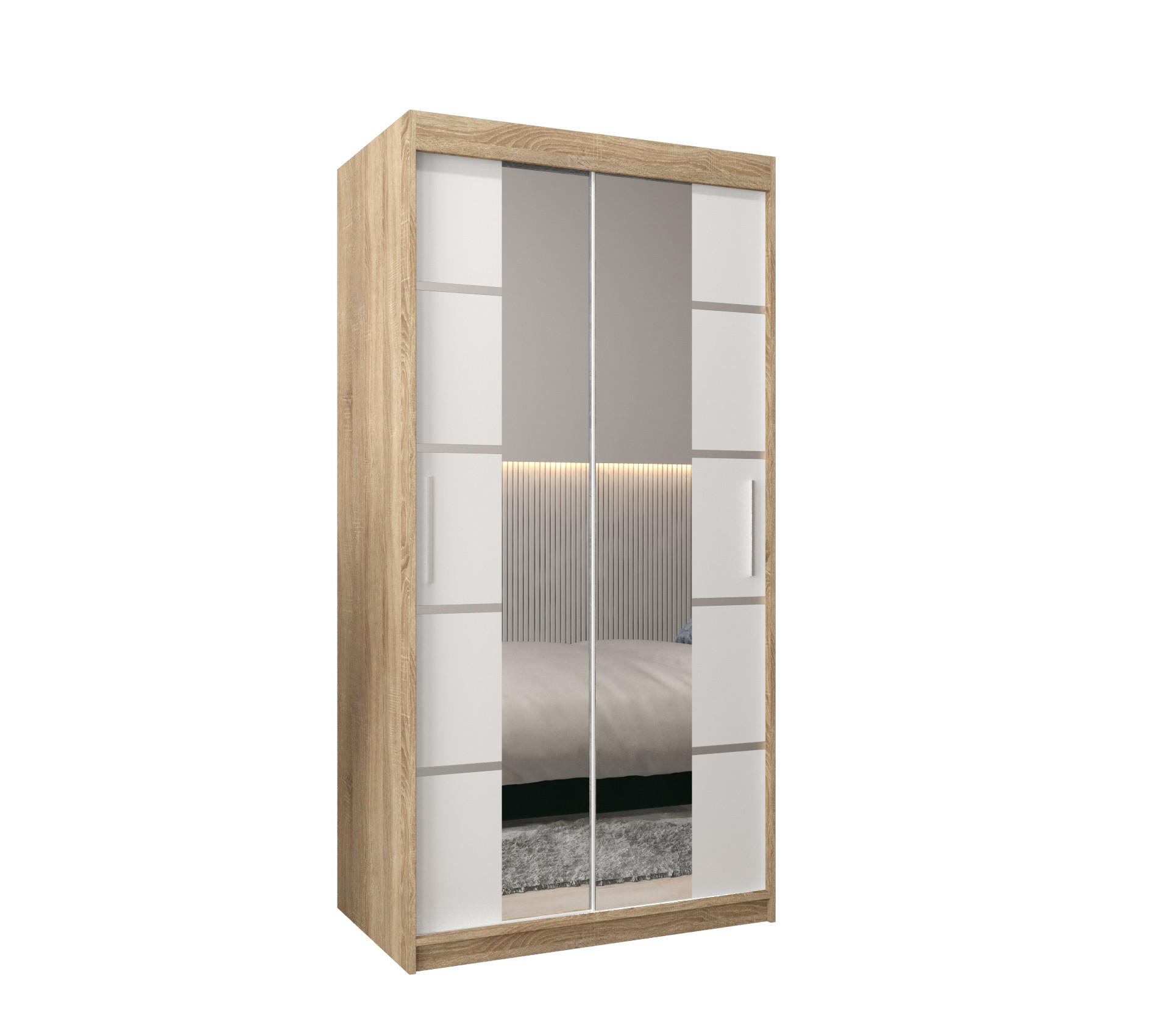 Abiks Möbel Schwebetürenschrank Sonoma Eiche, Weiß, Silber 100x200x62 cm