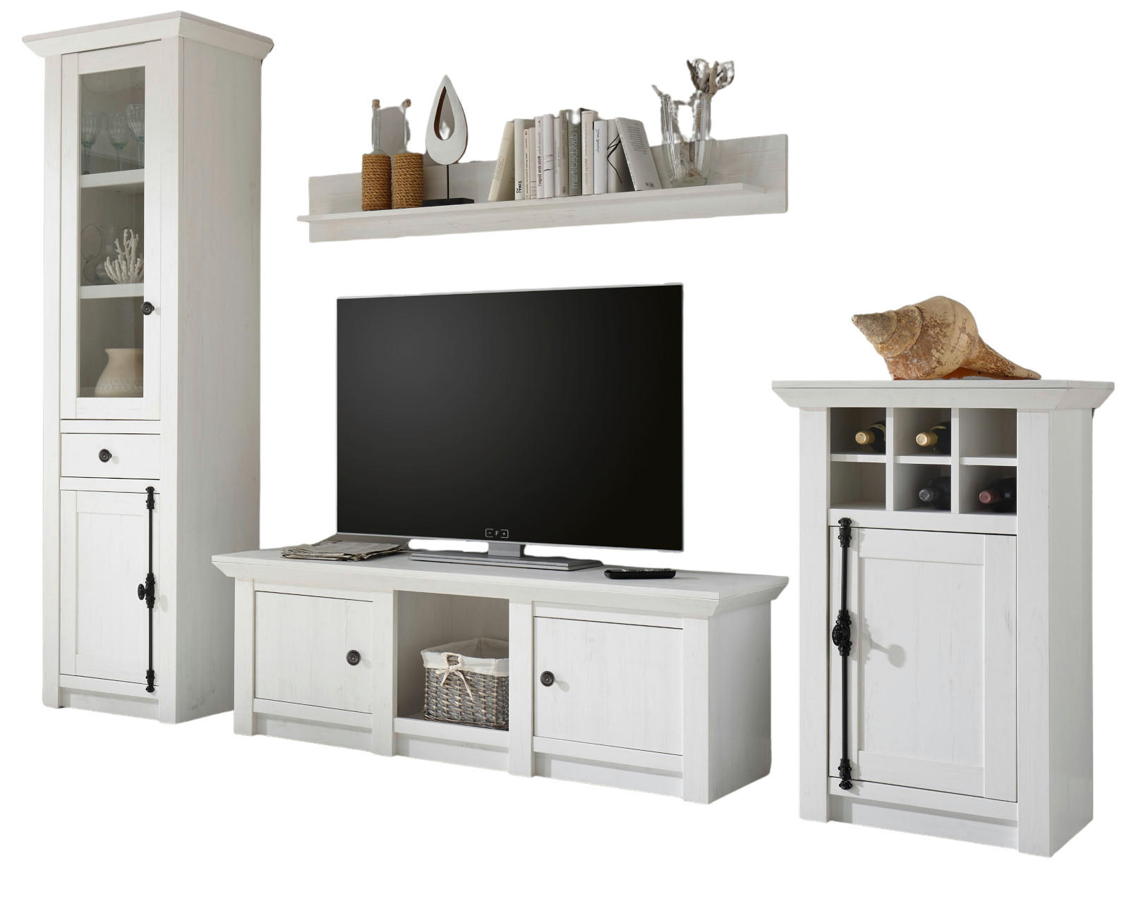 WOHNWAND weiß Pinie Landhaus, Schrankwand 4-teilig 298 x 207 cm - Anthrazit/Weiß, Holzwerkstoff/Metall (298/207/45cm) - Furn.Design