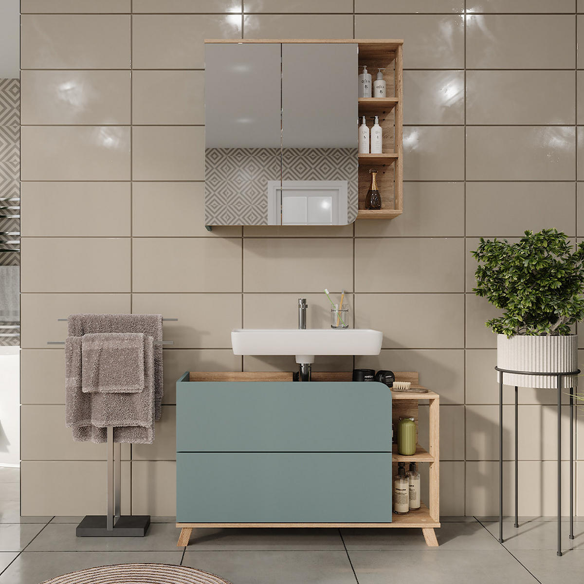 KOUPELNOVÝ NÁBYTEK Karen Sonoma/modrá - Sonoma dub/tmavě modrá, kompozitní dřevo (100/65/35cm) - Vicco