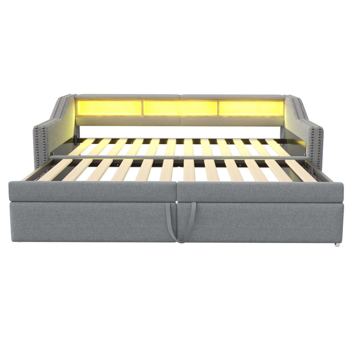 POLSTERBETT 90/200 cm ausziehbar mit LED, Matratze, USB, Ablagefächern und 2 Federkernmatratzen, Hellgrau - Hellgrau, Holzwerkstoff (90/200cm) - Redom