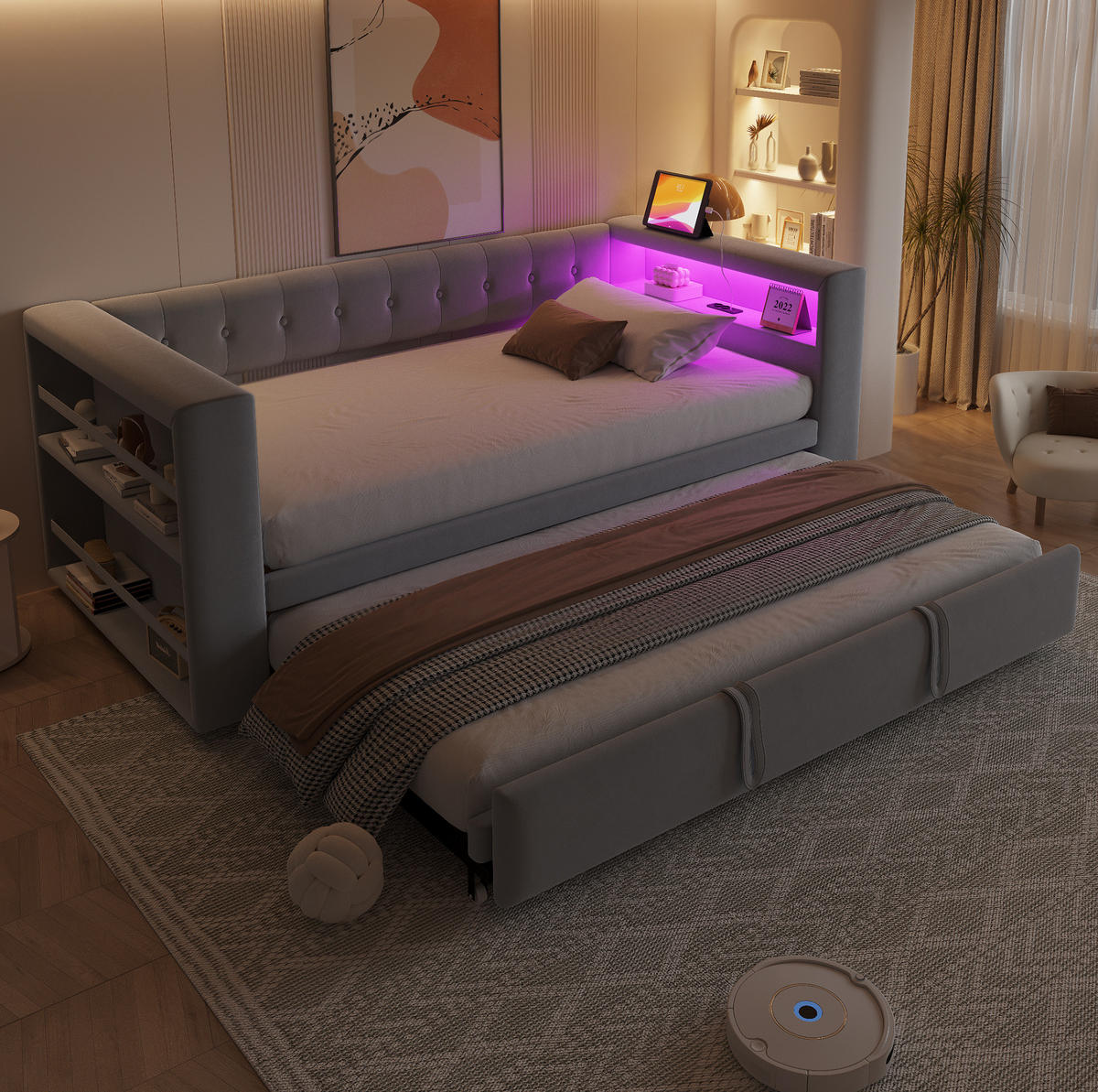 POLSTERBETT 90/190 cm mit LED-Beleuchtung, Steckdose und Armlehnen-Stauraum, Flanell, Hellgrau - Hellgrau, Textil (90/190cm) - Redom