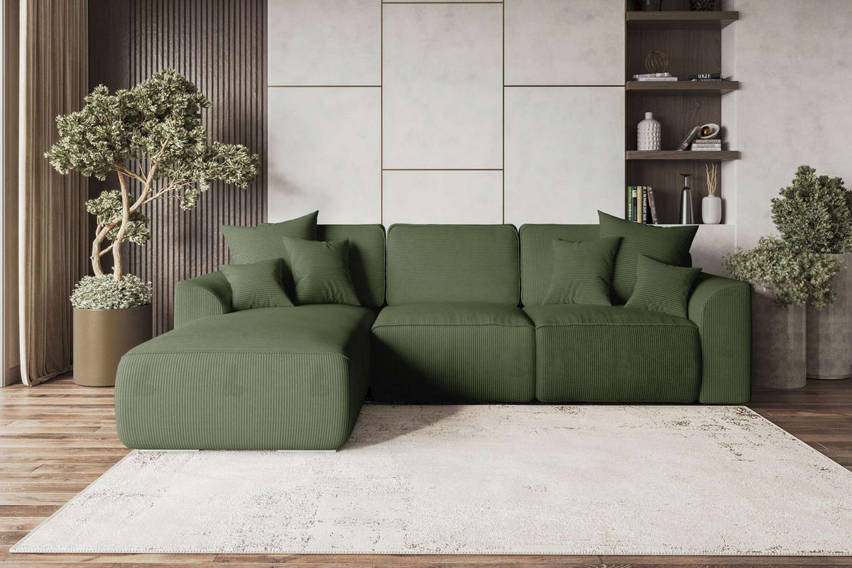ECKSOFA GUSTO Cordstoff Olivgrün Links inkl. Schlaffunktion - Chromfarben/Olivgrün, Kunststoff/Textil (295/194cm) - 99rooms