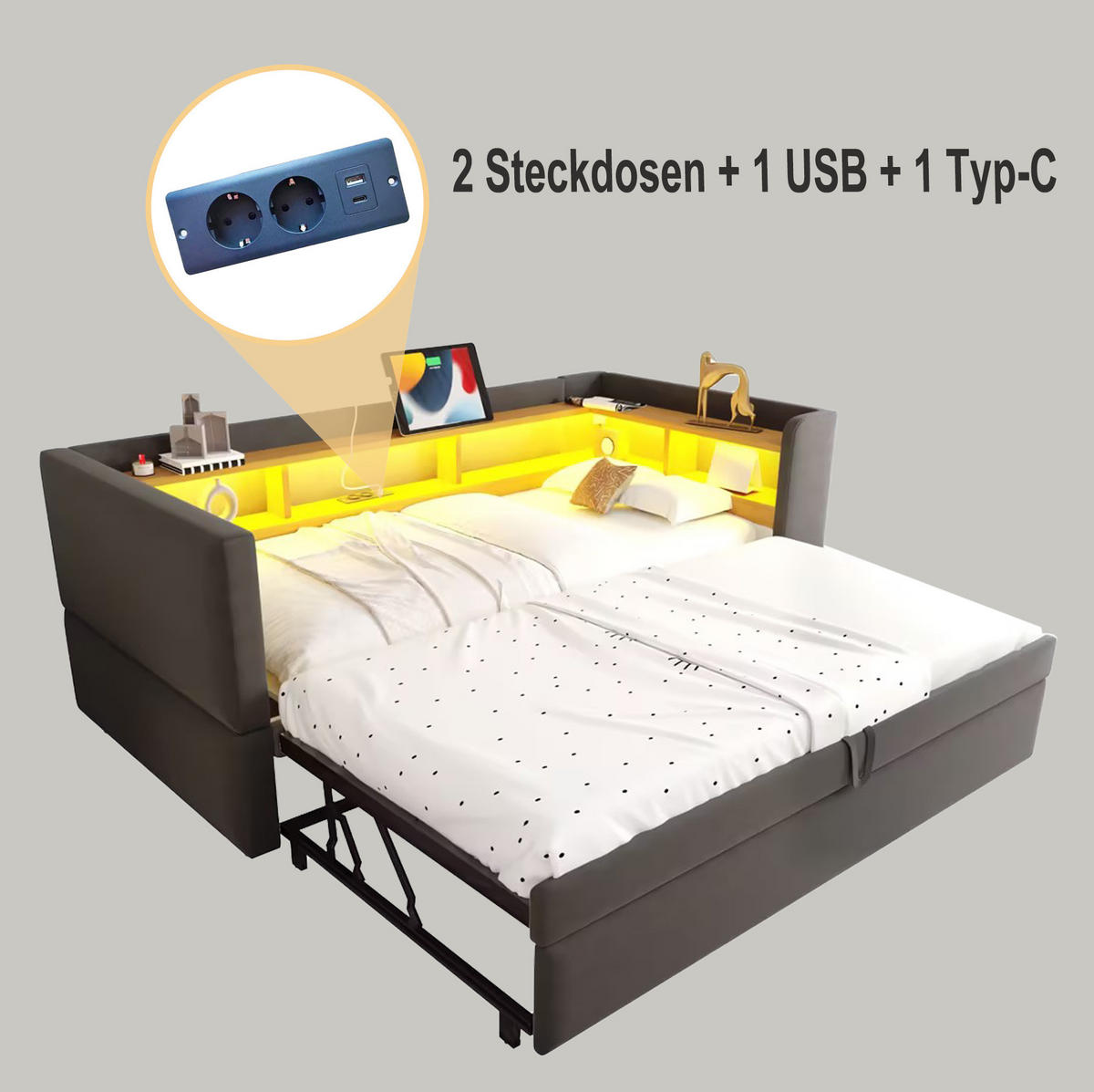POLSTERBETT 90/180/190 cm Dunkelgrau aus Flanell mit LED-Beleuchtung und Steckdosen - Dunkelgrau, Textil (90/190cm) - OKMYHOME