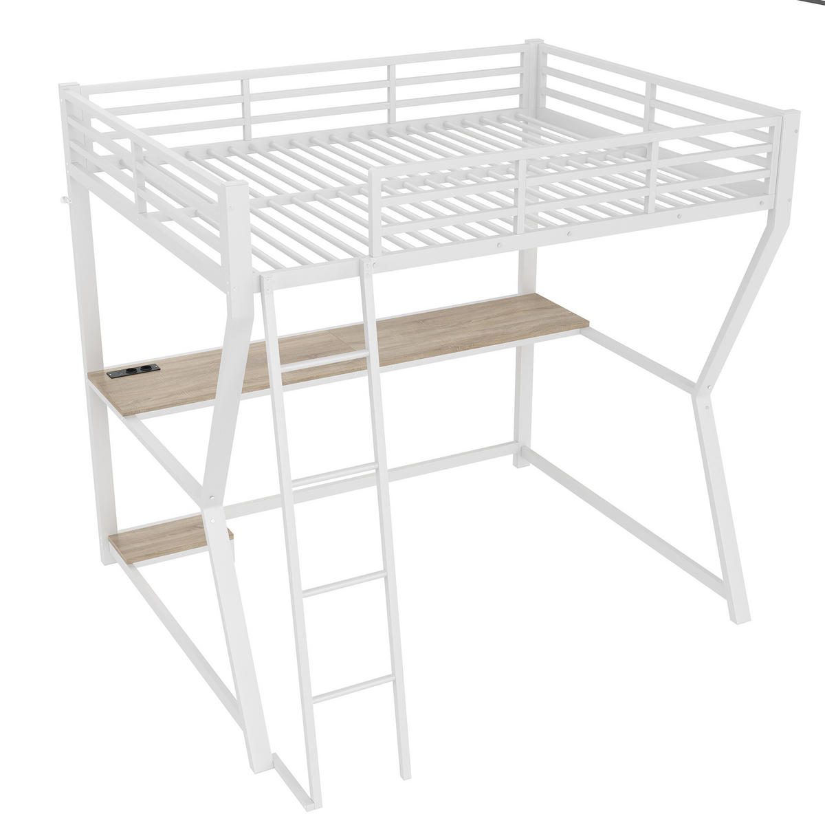 HOCHBETT 140x200cm Weiß LED-Licht Computerablage Schreibtisch USB - Weiß, Metall (140/200cm) - FLIEKS