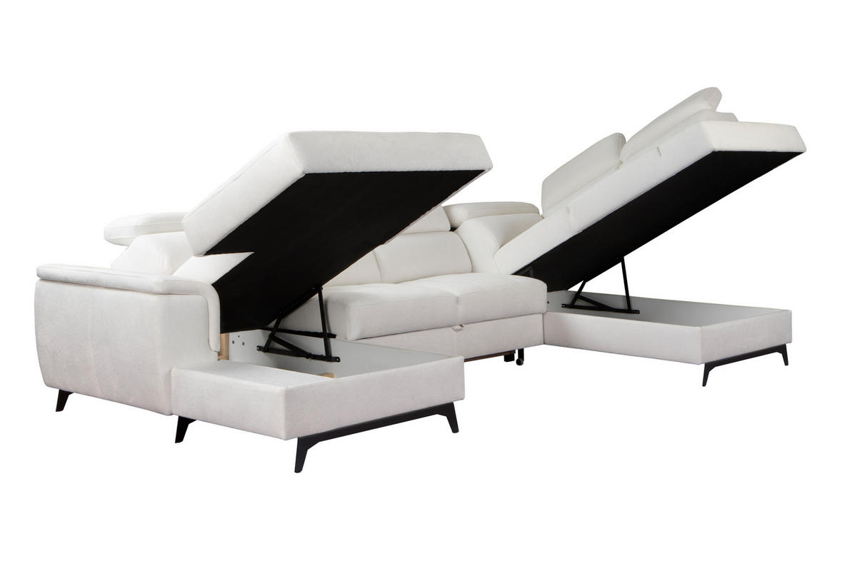 WOHNLANDSCHAFT VOLA Weiß Velours-Stoff mit Schlaffunktion - Weiß, Holz (348/105/199cm) - MASSENO