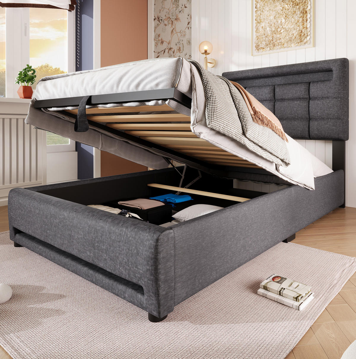 POLSTERBETT mit Stauraum, LED und USB 90x200 cm Leinen Grau - Grau, Metall (90/200cm) - Meubliv