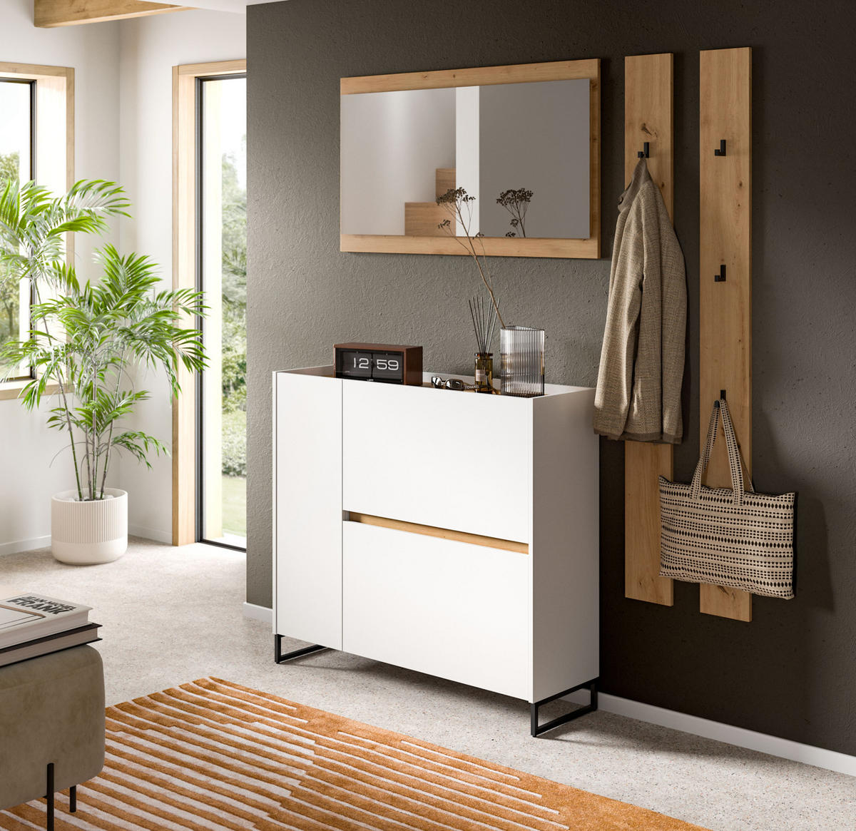 GARDEROBEN-SET weiß, Eiche Artisan 4-teilig 172 cm, Kombination mit Soft-Close - Schwarz/Weiß, Glas/Holzwerkstoff (172/197/32cm) - Inn.Furn