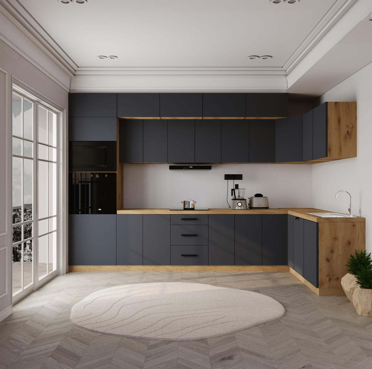 WINKELKÜCHE 360cm x 200cm- Langen KL10-M360 - in Grau/Matt - Grau, Holz/Metall (560/248/58cm)