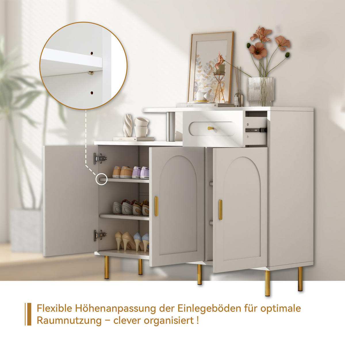 SIDEBOARD in Weiß Schuhschrank mit 3 Türen, 1 Schublade & Metallgriffen, auf Metallfüßen,B120/T35/H92cm - Goldfarben/Weiß, Holzwerkstoff/Metall (120/92/35cm) - STILVORA