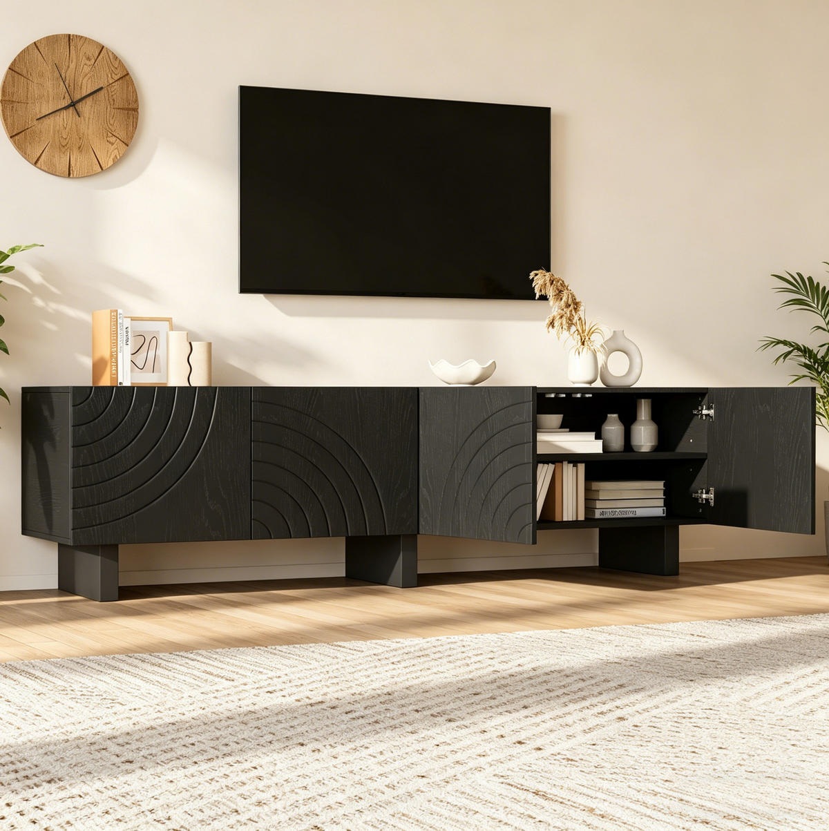 TV-LOWBOARD 180/40/55 cm schwarz aus Spanplatte mit 4 Türen - Schwarz, Holzwerkstoff (180/55/40cm) - OKWISH