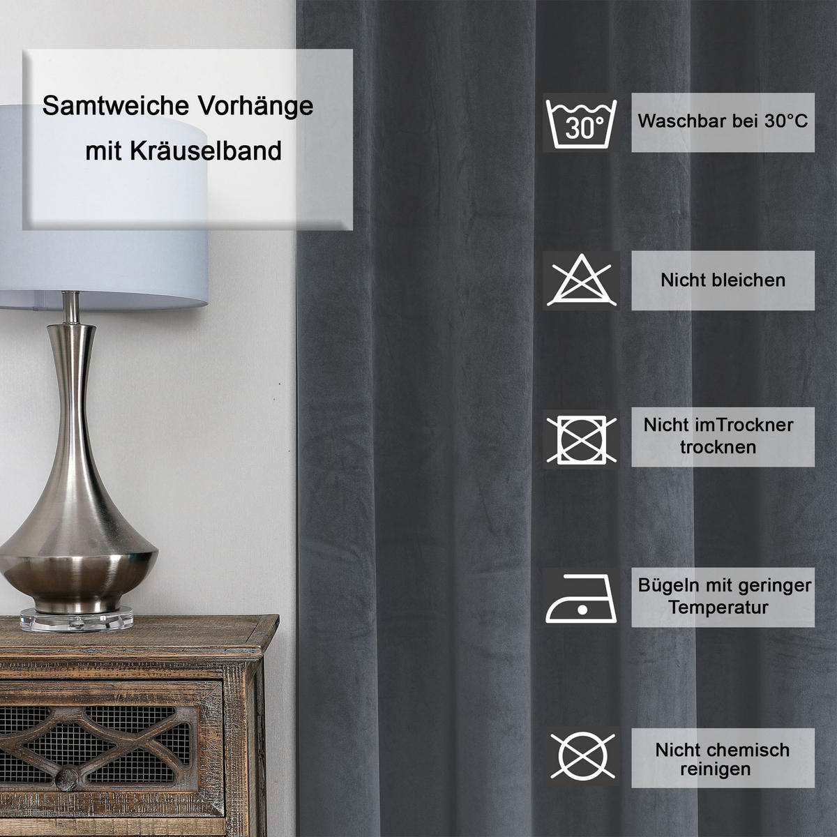 VORHANG Kräuselband Samt 140/245 cm Anthrazit - Anthrazit, Textil (140/245/245cm) - TiborTex