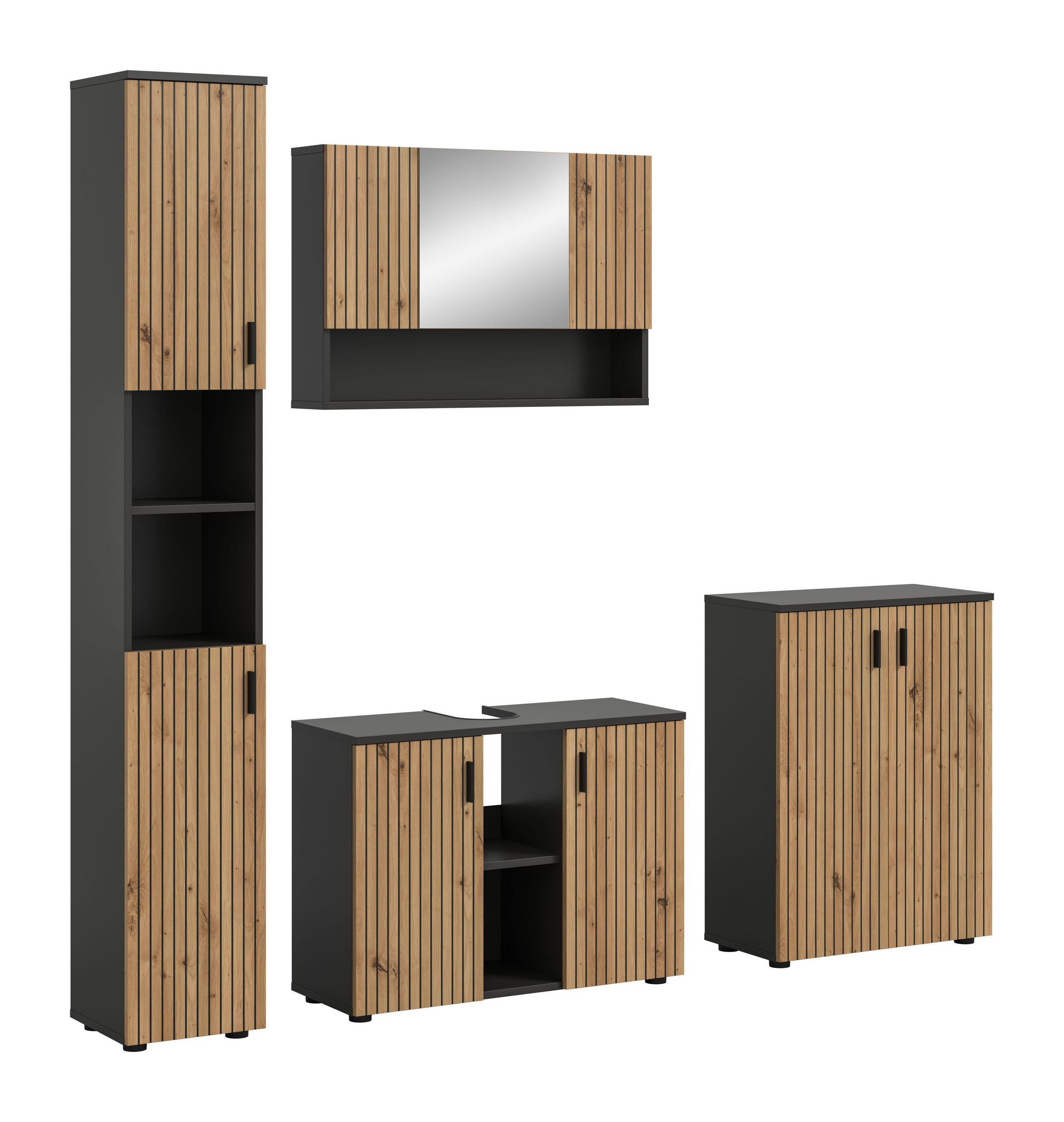 BAD-SET MONE 4-tlg. (B/H/T: ca. 200/192/30 cm) in Basalt grau/Artisan Oak Nachbildung - Grau, Holzwerkstoff (200/192/30cm)