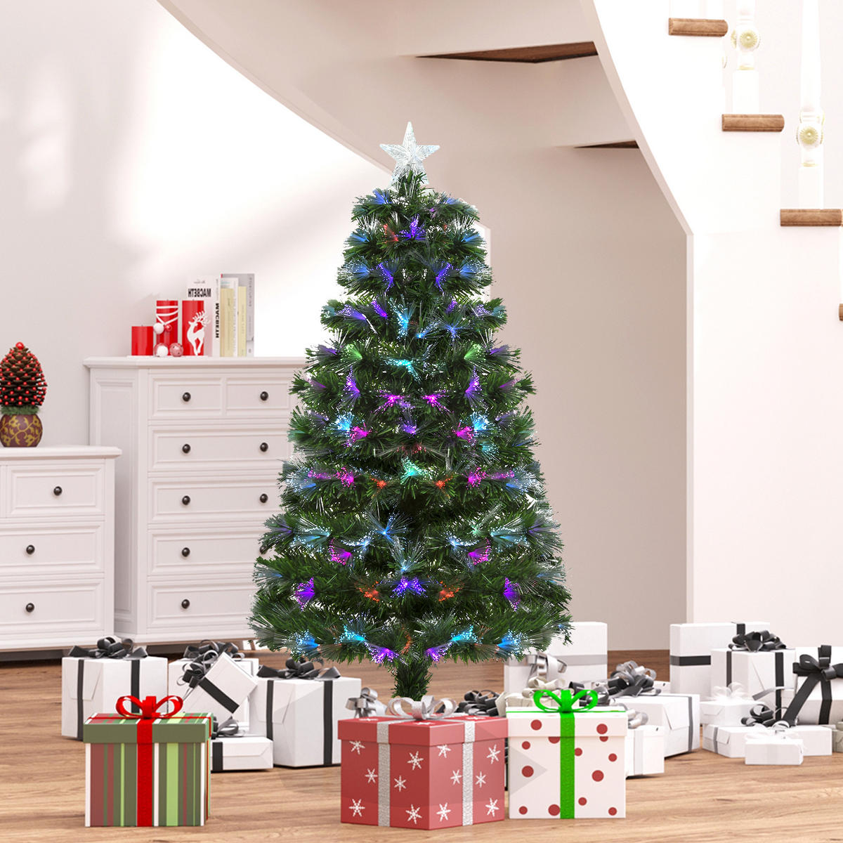 WEIHNACHTSBAUM 1,2 m Christbaum 130 Zweige Metallfuß mehrfarbige Lichteffekte - Grün, Kunststoff (120cm) - HOMCOM