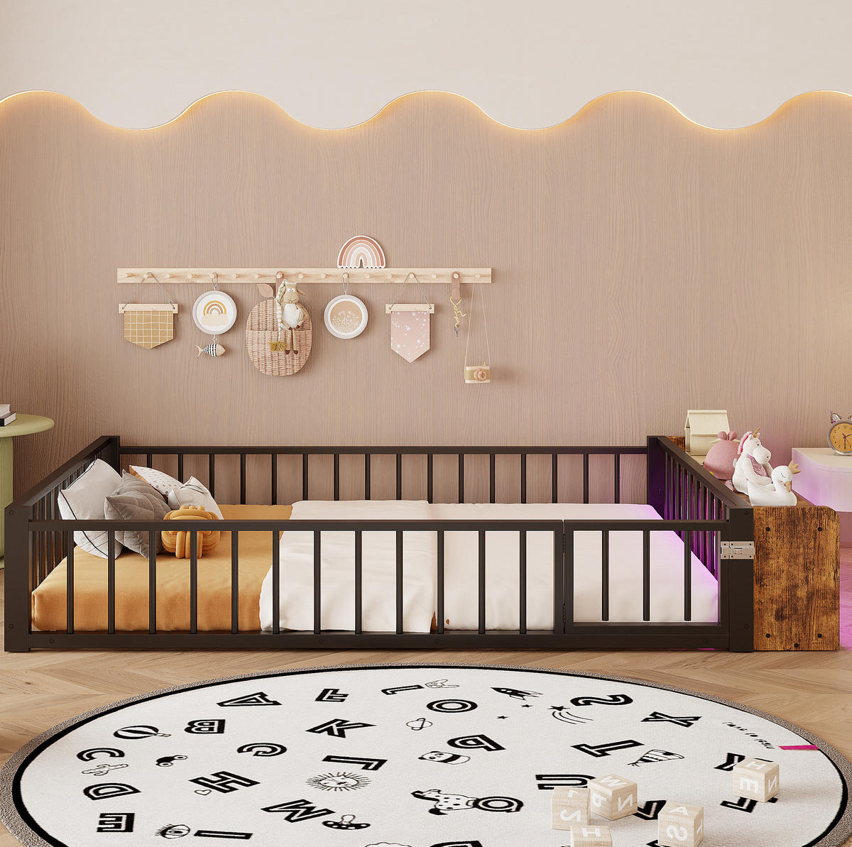 KINDERBETT aus Metall und MDF 140x200 cm Schwarz mit Schutzgeländer, LED-Beleuchtung und Staufach - Schwarz, Holzwerkstoff (140/200cm) - IVMEU