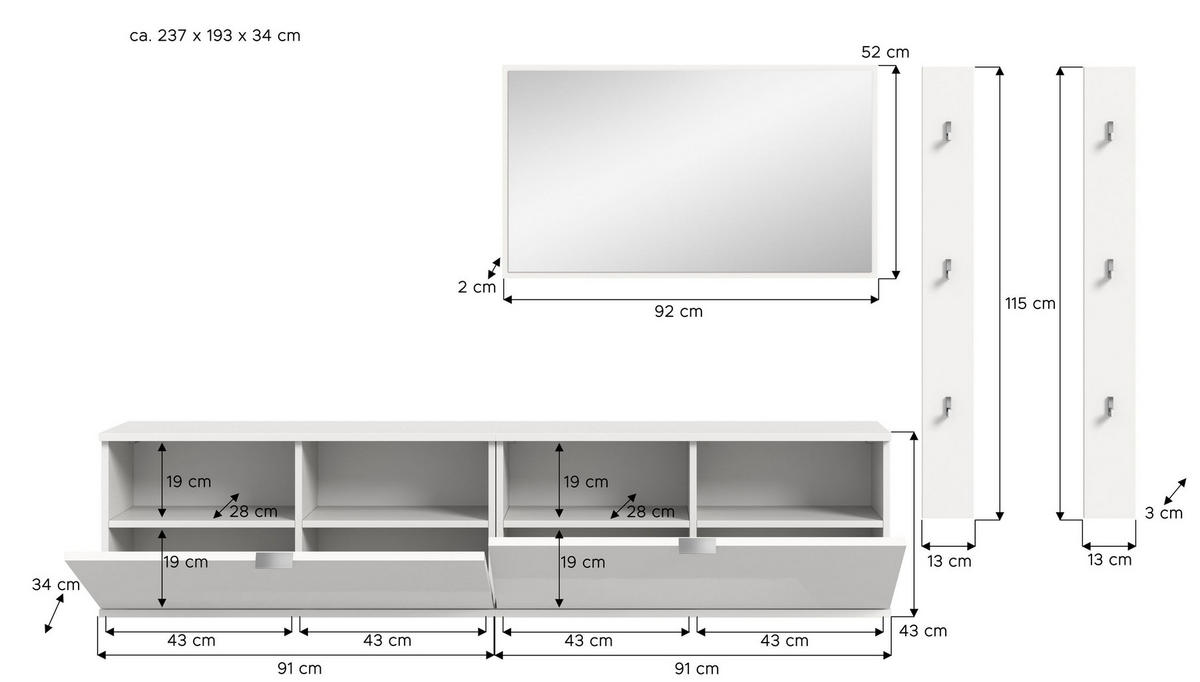 GARDEROBE Systemmöbel Projekt X 5tlg. Kombination , ca.237x191x37 cm - Weiß, Holzwerkstoff (237/191/37cm)