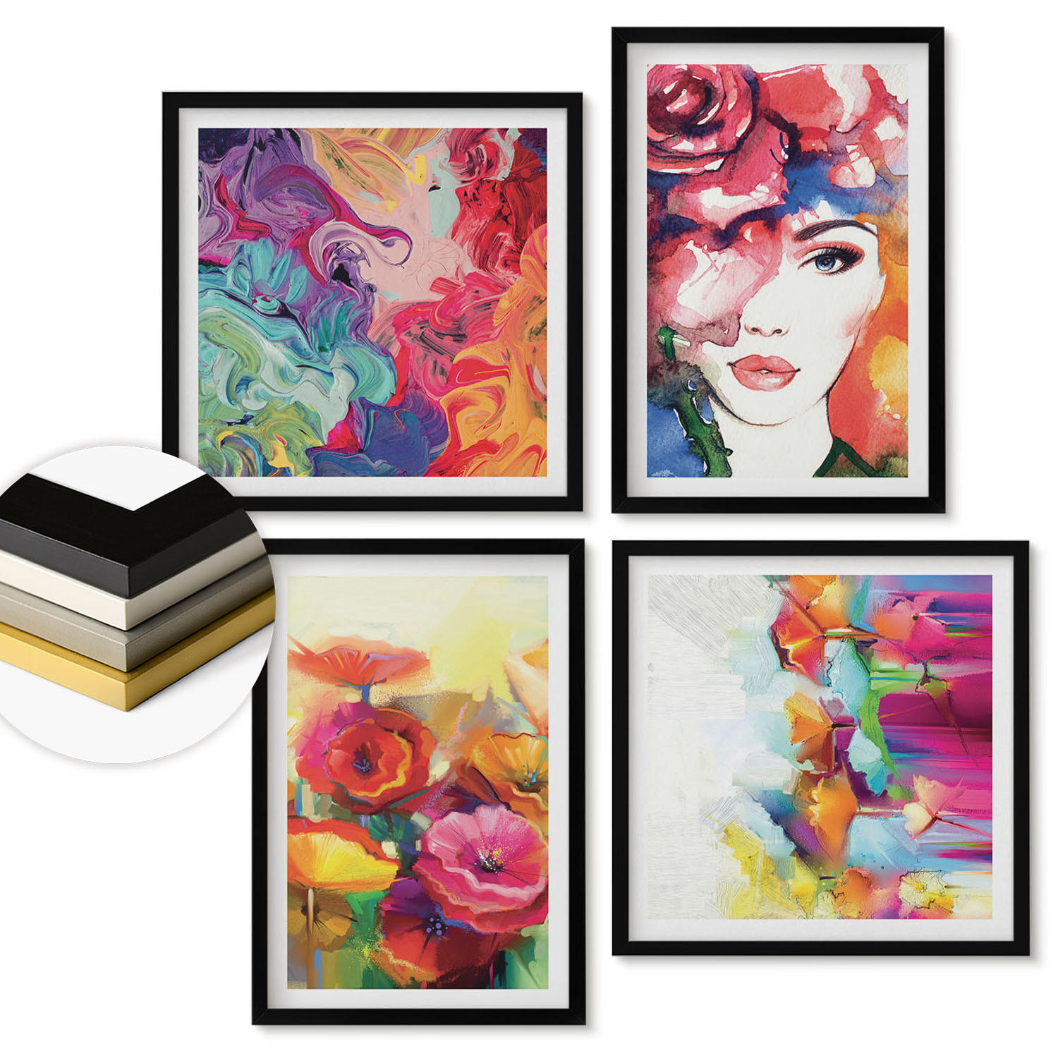 WANDBILDER 4er-Set - 50x50 cm & 40x60 cm Schwarzer Rahmen - Porträt von Blumen in intensiven Farben - Schwarz, Kunststoff (50/50cm) - ArtPrintCave