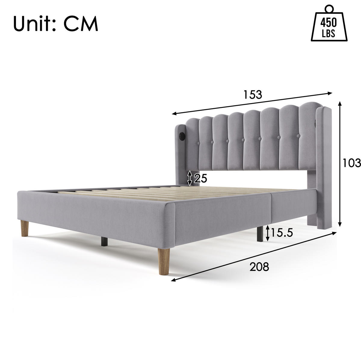 POLSTERBETT 140/200 cm Grau aus Leinen mit Matratze und USB- und Type-C-Anschlüssen - Grau, Textil (140/200cm) - Flora Grace