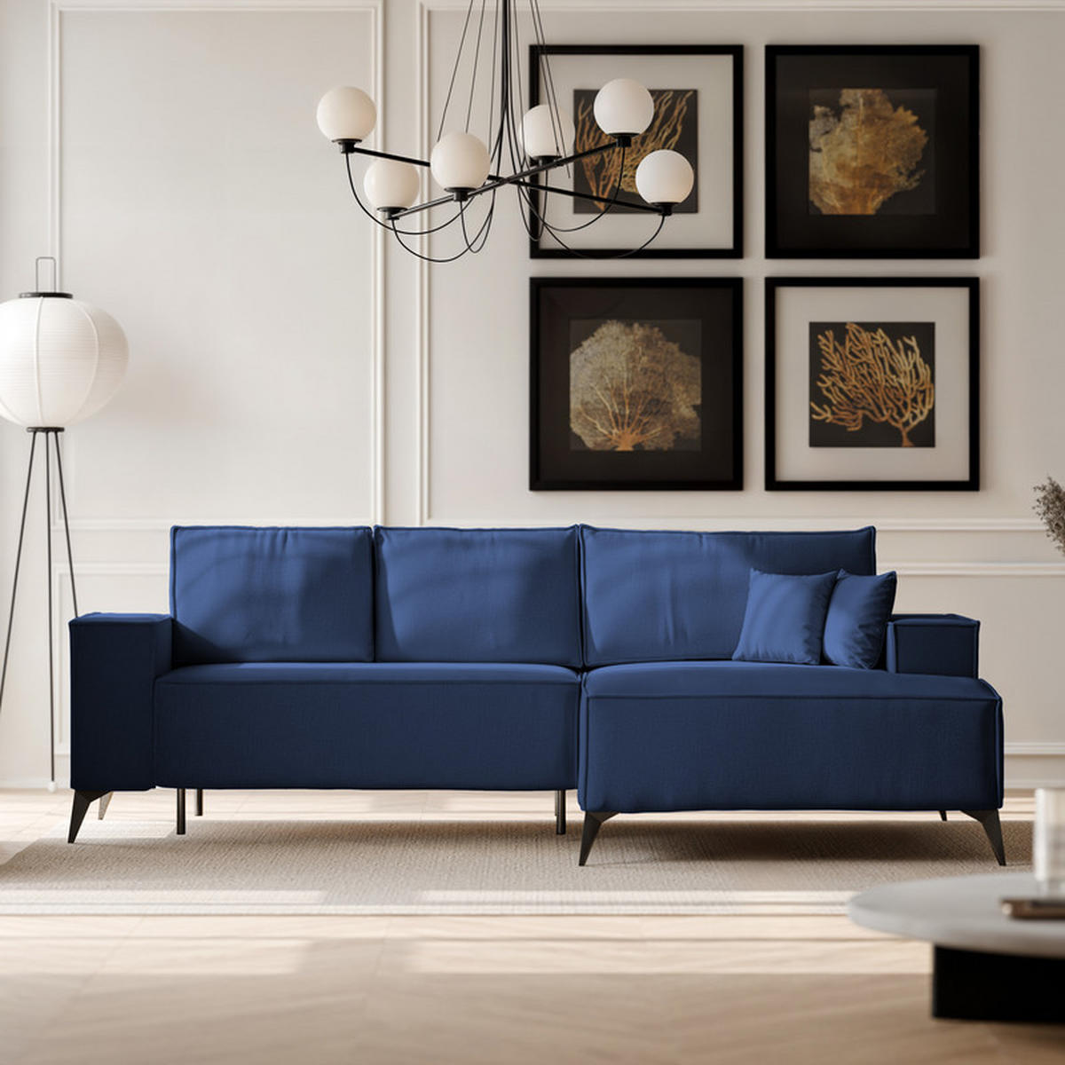 ECKSOFA OTIS Rechts, mit Schlaffunktion und Bettkasten, Marineblau - Dunkelblau, Textil/Metall (294/185cm) - Idohome