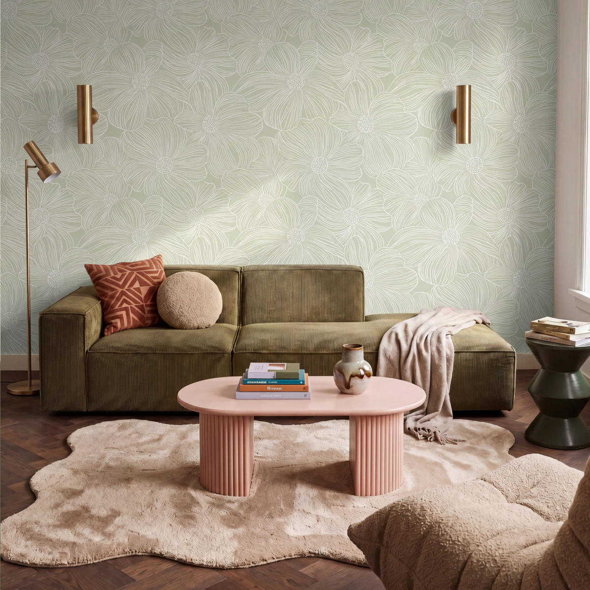 TAPETE - Gelassenheit - Blumen - Grün - 350x240 cm - Salbeigrün, Papier (350/240cm) - OnlyWow