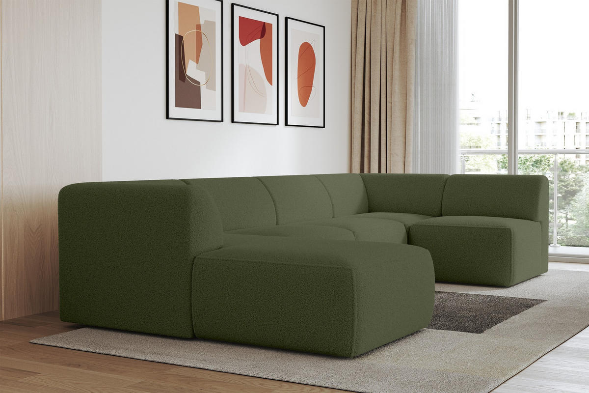 WOHNLANDSCHAFT Ottomane Links MOVA 345x180x78 Grün Bouclé - Schwarz/Grün, Holzwerkstoff/Kunststoff (180/78/345cm) - ALTDECOR
